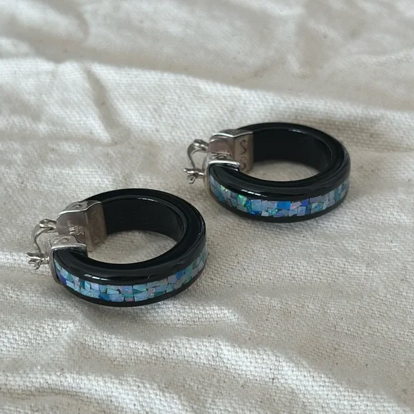Jay King Black Chalcedony/Blue Opal mosaic Hoop Earrings - Picture 3 of 10